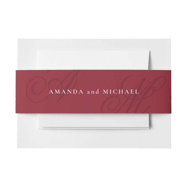 Cranberry Red Modern Edge Elegant Monogram Wedding Invitation Belly Band (Front Example)