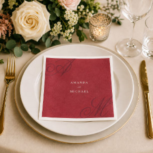 Cranberry Red Modern Edge Elegant Monogram Wedding Napkin
