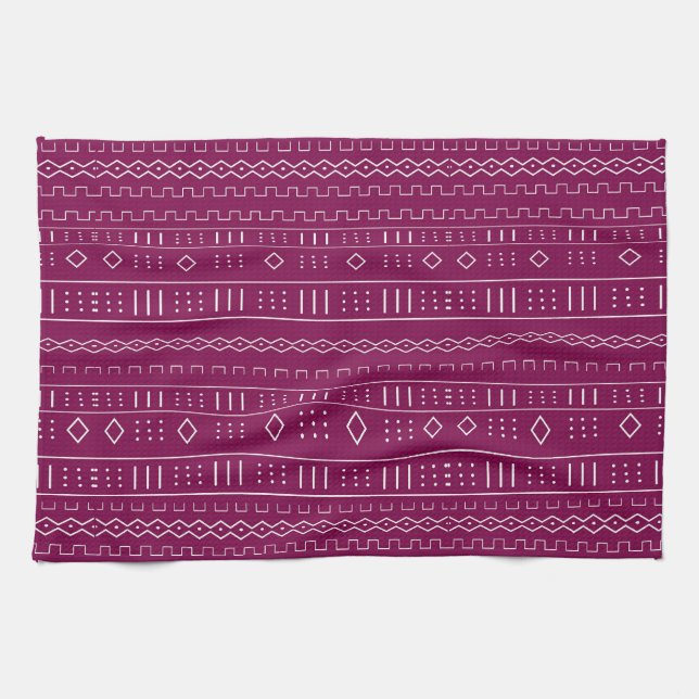 Cranberry Red Modern Mudcloth Pattern Tea Towel (Horizontal)