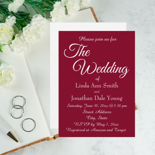 Cranberry Red Monotone Simple Style Wedding Invitation (In Situ Wedding)