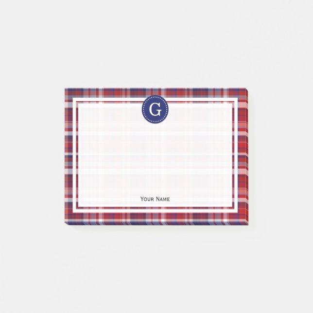 Cranberry Red Navy Blue Wt Madras Plaid 1IR Framed Post-it Notes (Front)