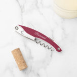 Cranberry Red Personalised Wedding Bridesmaid Corkscrew<br><div class="desc">Trendy cranberry red colour wine corkscrew opener for your wedding bridesmaid along with her name on back and printed in white,  stylised script. Personalise corkscrew by editing and replacing name with your bridesmaid's name. Available in many,  popular bridesmaid wedding colour schemes.</div>