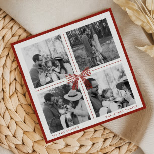 Cranberry Red Photo Collage Christmas Bow Holiday Card