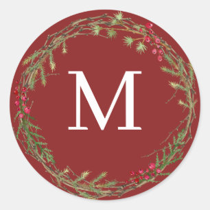 Cranberry Red Rustic Christmas Wreath Monogram Classic Round Sticker