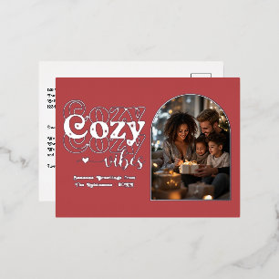 Cranberry Red & Silver Cozy Vibes Retro Christmas Foil Holiday Postcard