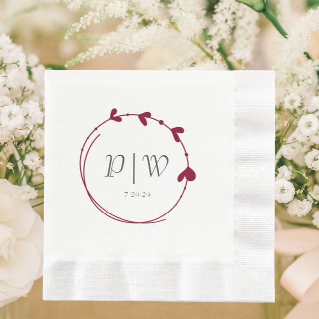 Cranberry Red Simple Heart Wreath Monogram Wedding Napkin (In Situ Wedding)
