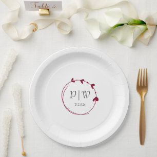 Cranberry Red Simple Heart Wreath Monogram Wedding Paper Plate