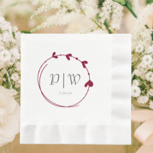 Cranberry Red Simple Monogram Heart Wreath Wedding Napkin