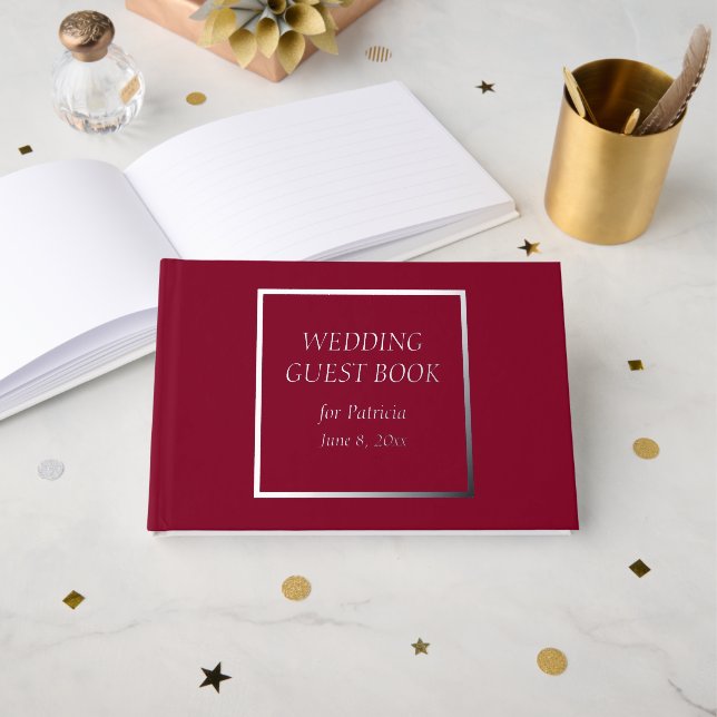 Cranberry Red Simple Stylised Lettering Wedding Guest Book (Front Open)