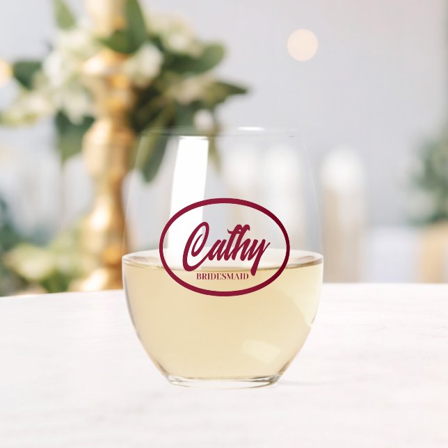 Cranberry Red Stylised Name Wedding Bridesmaid Stemless Wine Glass (Insitu (Wedding))