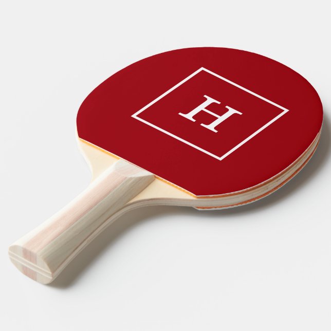 Cranberry Red White Framed Initial Monogram Ping Pong Paddle (Front Angle)