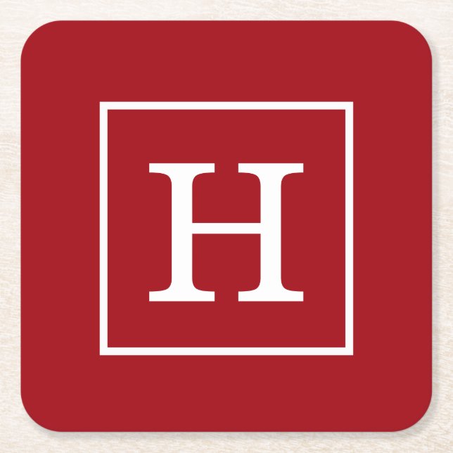 Cranberry Red White Framed Initial Monogram Square Paper Coaster (Front)