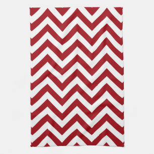 Cranberry Red White Large Chevron ZigZag Pattern Tea Towel