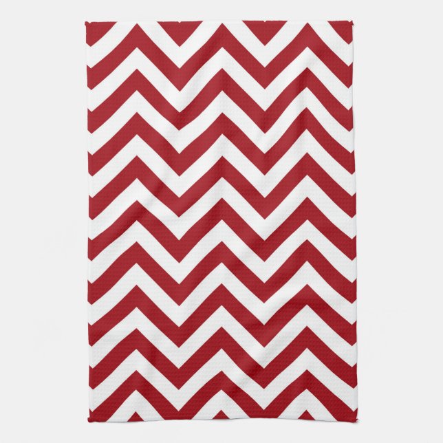 Cranberry Red White Large Chevron ZigZag Pattern Tea Towel (Vertical)