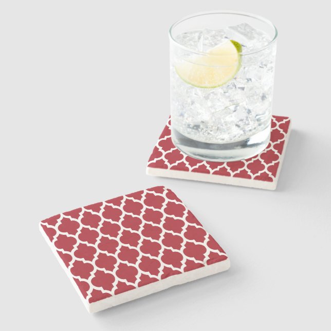 Cranberry Red White Moroccan Quatrefoil Pattern #4 Stone Coaster (Side)