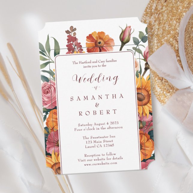 Cranberry Sunflower Floral Border Fall Wedding Invitation (Creator Uploaded)