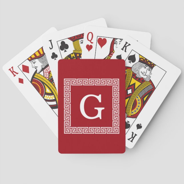 Cranberry Wht Greek Key Frame #1 Initial Monogram Playing Cards (Back)