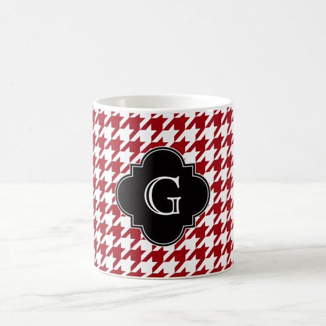 Cranberry Wht Houndstooth Blk Quatrefoil Monogram Coffee Mug (Center)