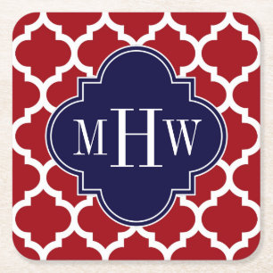 Cranberry Wht Moroccan #5 Navy 3 Initial Monogram Square Paper Coaster