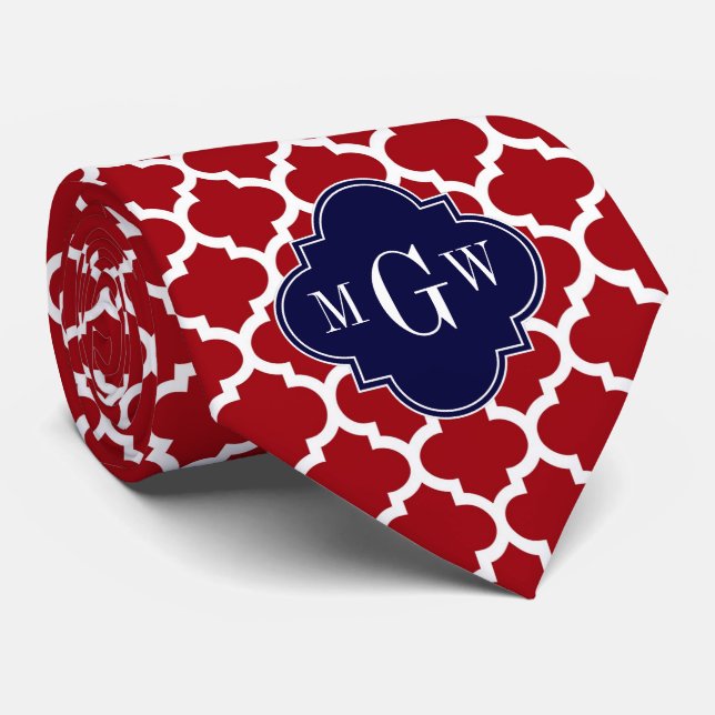 Cranberry Wht Moroccan #5 Navy Blue Name Monogram Tie (Rolled)