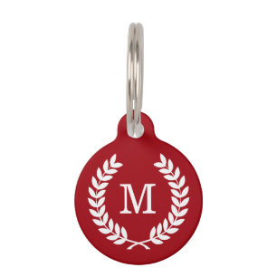Cranberry Wht Wheat Laurel Wreath Initial Monogram Pet Tag