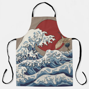Crane and Japanese wave illustration Traditional C Apron