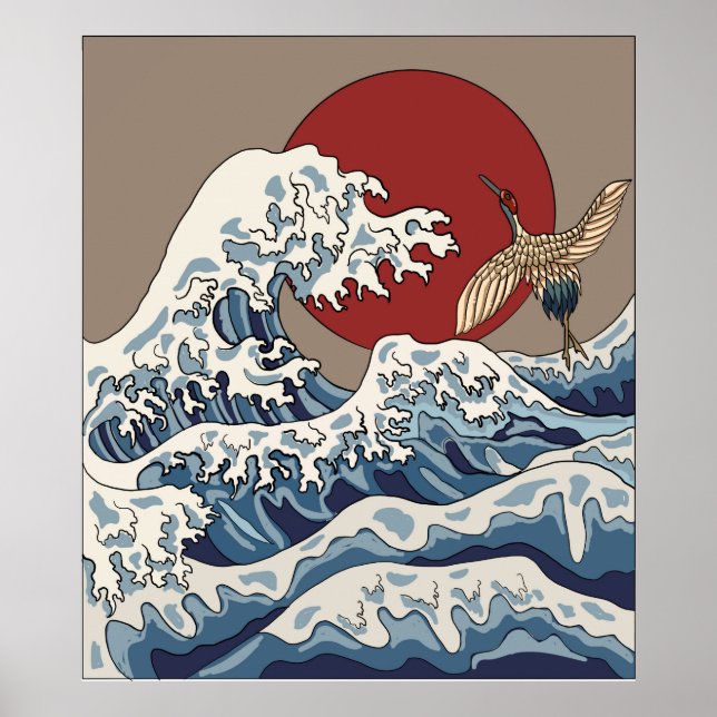 Crane and Japanese wave illustration Traditional C Poster (Front)