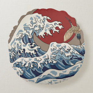 Crane and Japanese wave illustration Traditional C Round Cushion