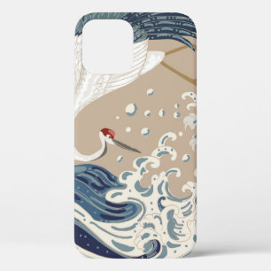 Crane and Japanese wave illustration. Traditional iPhone 12 Case