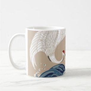 Crane and Japanese wave illustration. Traditional Coffee Mug