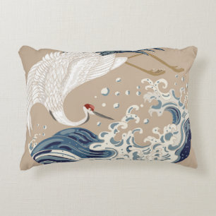 Crane and Japanese wave illustration. Traditional Decorative Cushion