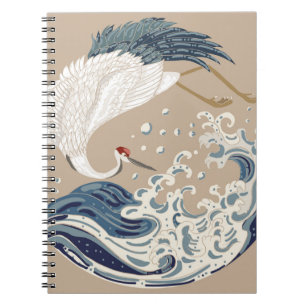 Crane and Japanese wave illustration. Traditional Notebook
