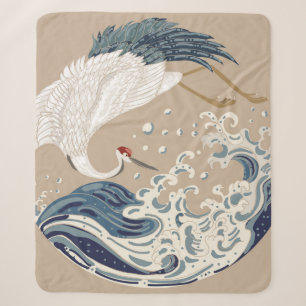Crane and Japanese wave illustration. Traditional  Sherpa Blanket