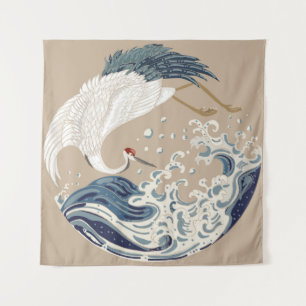 Crane and Japanese wave illustration. Traditional Tapestry