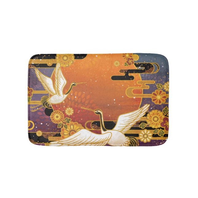 Crane Bird Chrysanthemum Japanese Pattern Bath Mat (Front)