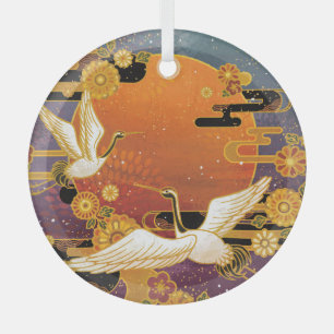 Crane Bird Chrysanthemum Japanese Pattern Glass Tree Decoration