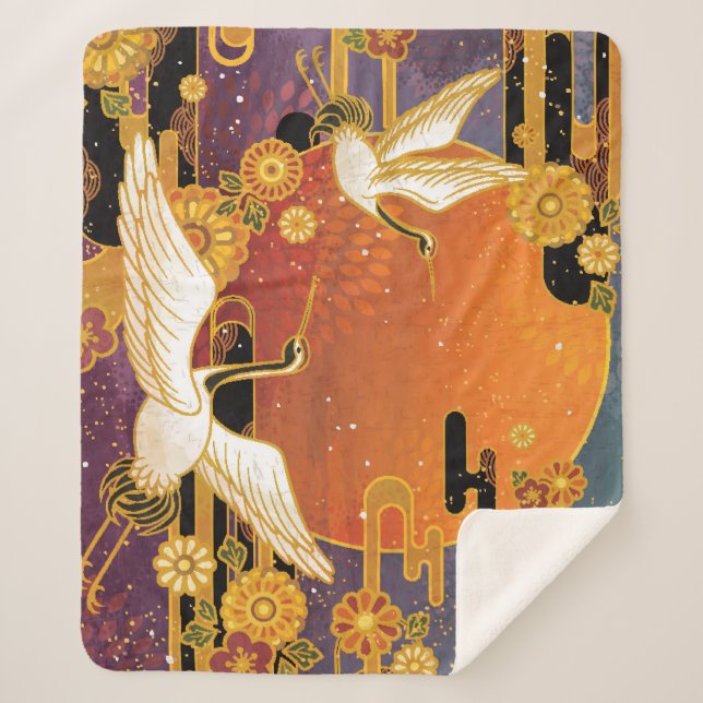 Crane Bird Chrysanthemum Japanese Pattern Sherpa Blanket (Front)