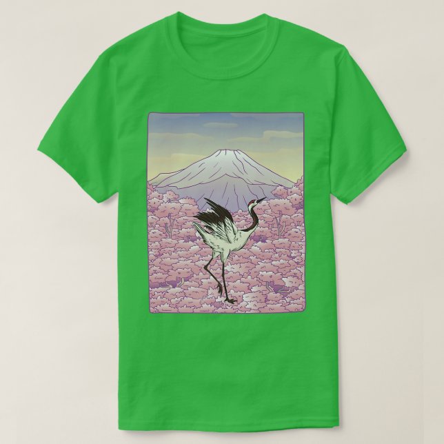 Crane Bird Japanese Sakura Tree Cherry Blossom Flo T-Shirt (Design Front)