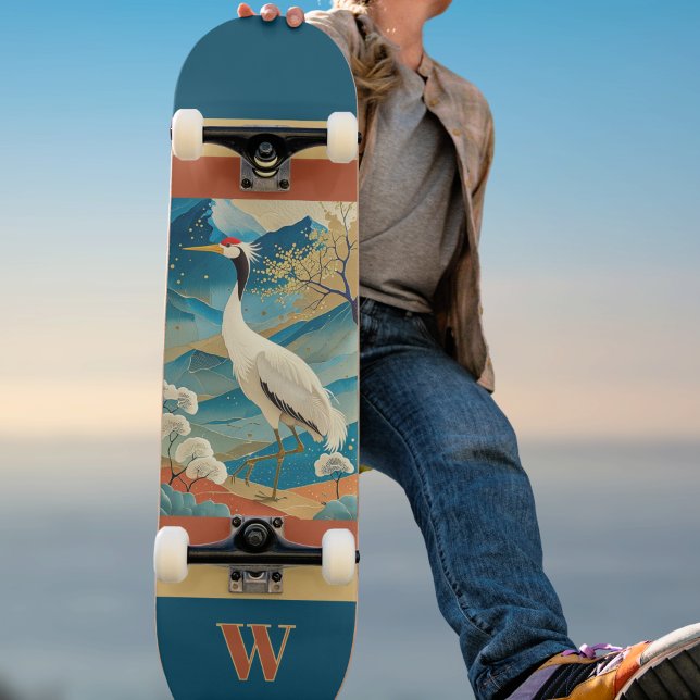 Crane Bird with Mountains and Fall Trees Japanese Skateboard (Creator Uploaded)