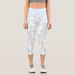 Crane Birds Yellow Stars Blue White Capri Leggings