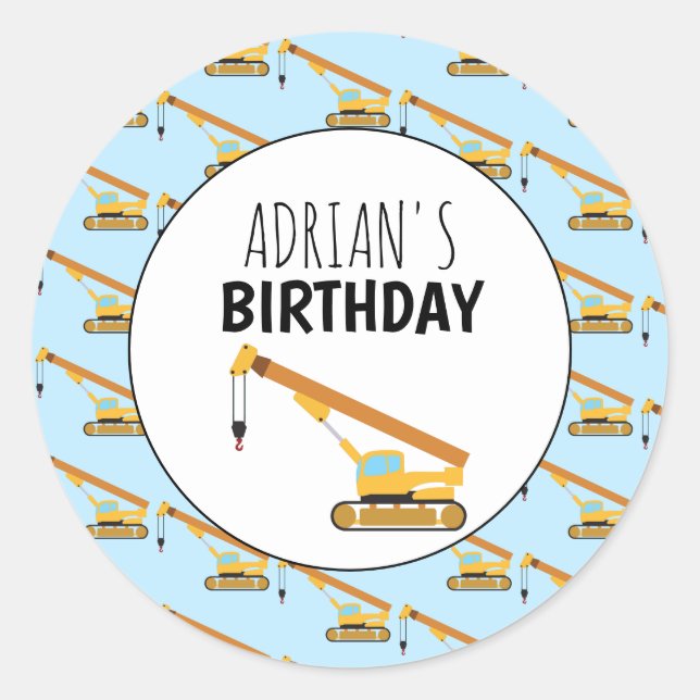 Crane Construction Truck Boy Birthday Party Classic Round Sticker (Front)