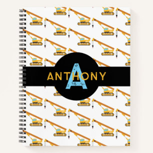 Crane Construction Truck Kids Monogram Notebook