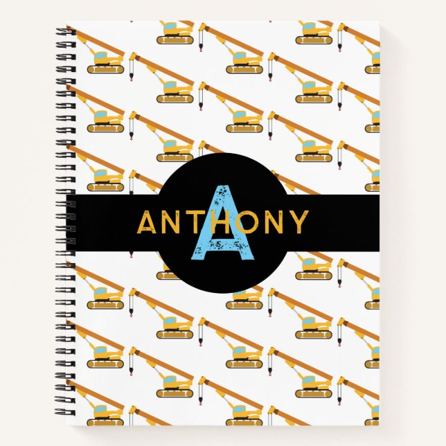 Crane Construction Truck Kids Monogram Notebook (Front)