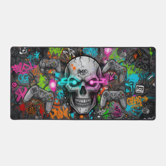 Crâne Cyber-Graffiti et Manettes Néon (tapis souri Desk Mat (Front)