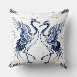 Crane Dance Japanese Imari Ware Style Blue White Cushion