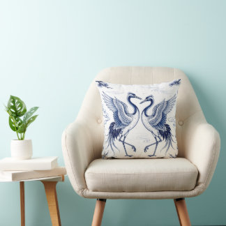 Crane Dance Japanese Imari Ware Style Blue White Cushion