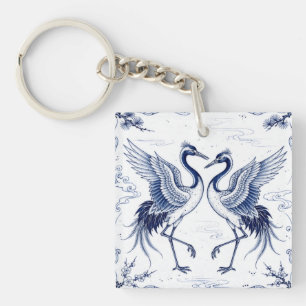 Crane Dance Japanese Imari Ware Style Blue White Key Ring