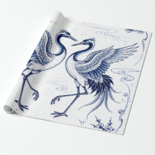 Crane Dance Japanese Imari Ware Style Blue White Wrapping Paper