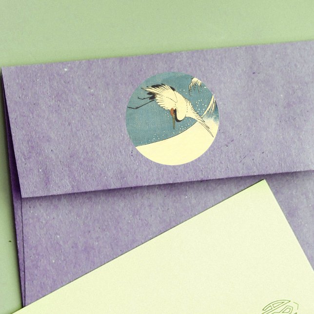 Crane In Ocean Wave Classic Round Sticker (Flying white crane bird over wave in ocean blue sky on round stickers.)