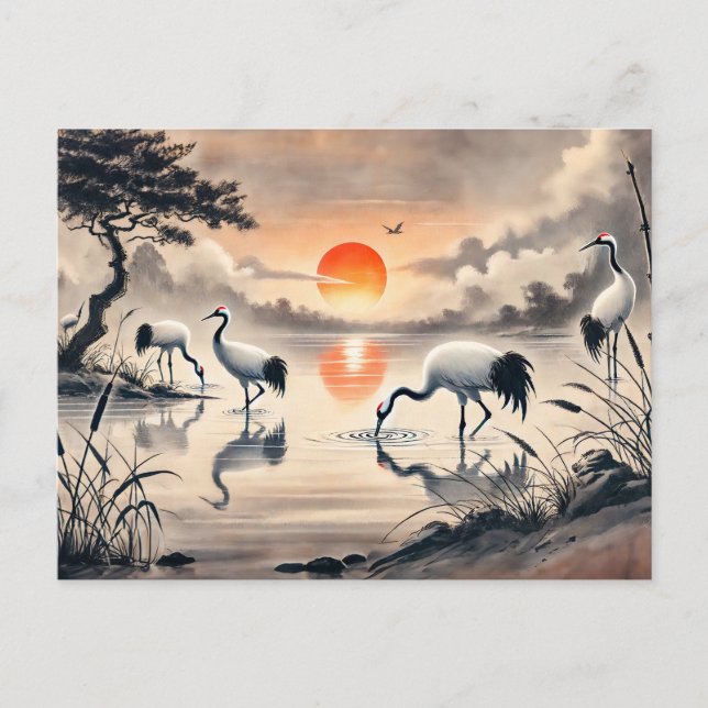 Crane in the Marsh at Sunset Chinese Ink Painting Postcard (Front)